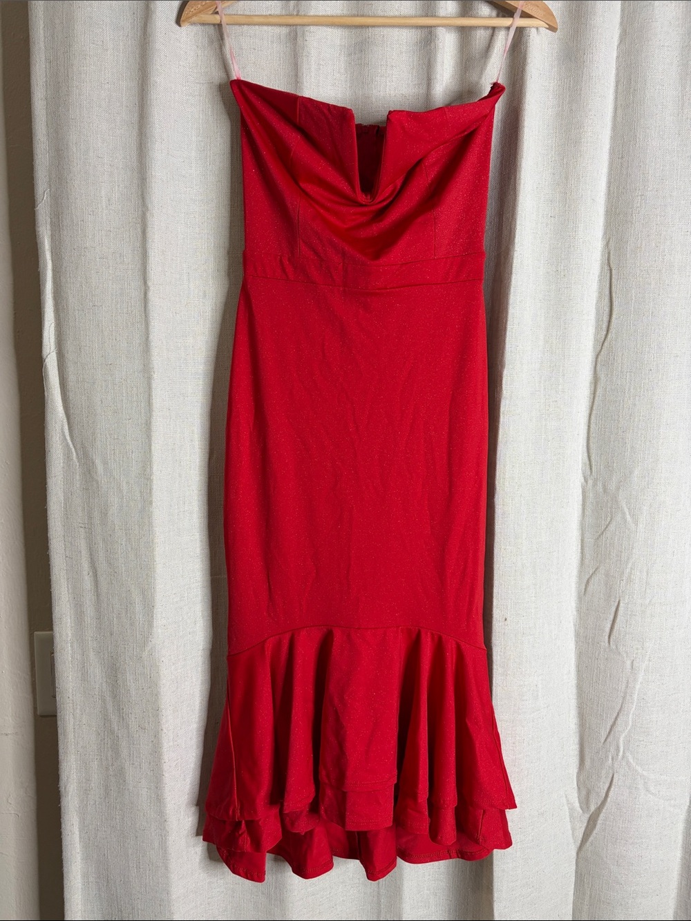 Strapless Red Cowl-Neck Ruffle-Hem Dress